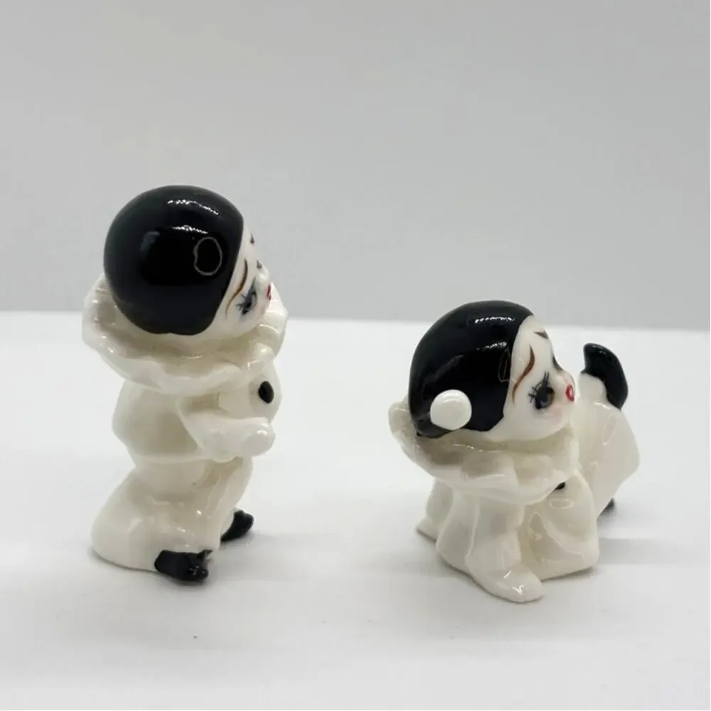 Vintage Set of 2 Small Harlequin Pierrot Porcelain Clown Mime Figurines